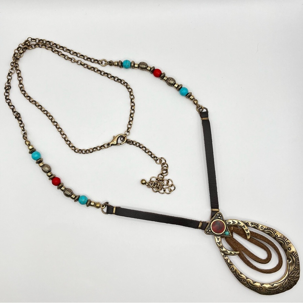 NWOT Bohemian Tribal Multicolor Pendant Necklace/ Leather necklace- Adjustable L